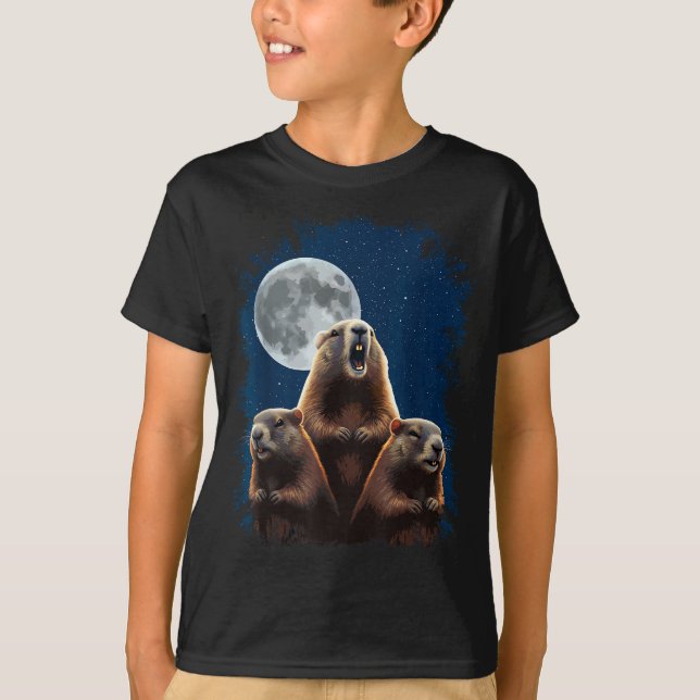 Camiseta Three Groundhogs And A Moon Funny Groundhog Day  (Frente)