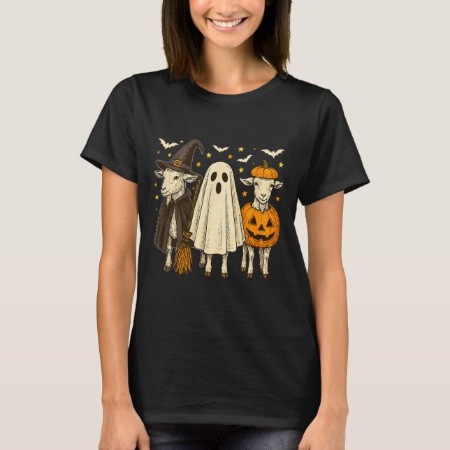 Camiseta Three Halloween Goats Cosplay Witch Boo Carved Pum (Frente)