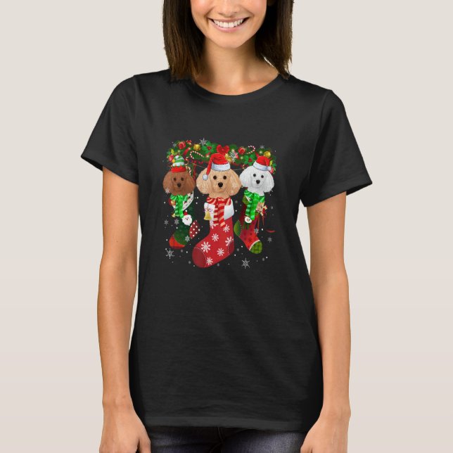 Camiseta Three Poodle In Socks Christmas Santa Hat   (Frente)