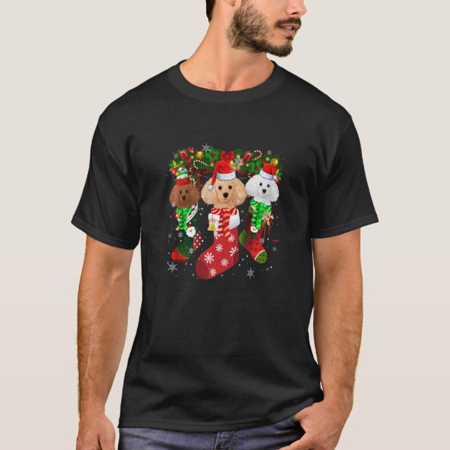 Camiseta Three Poodle In Socks Christmas Santa Hat (Frente)