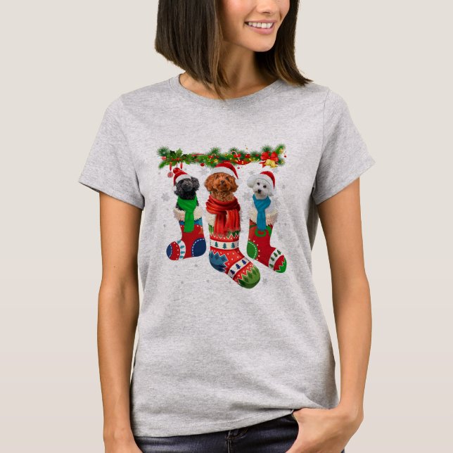 Camiseta Three Poodles In Christmas Socks  (Frente)