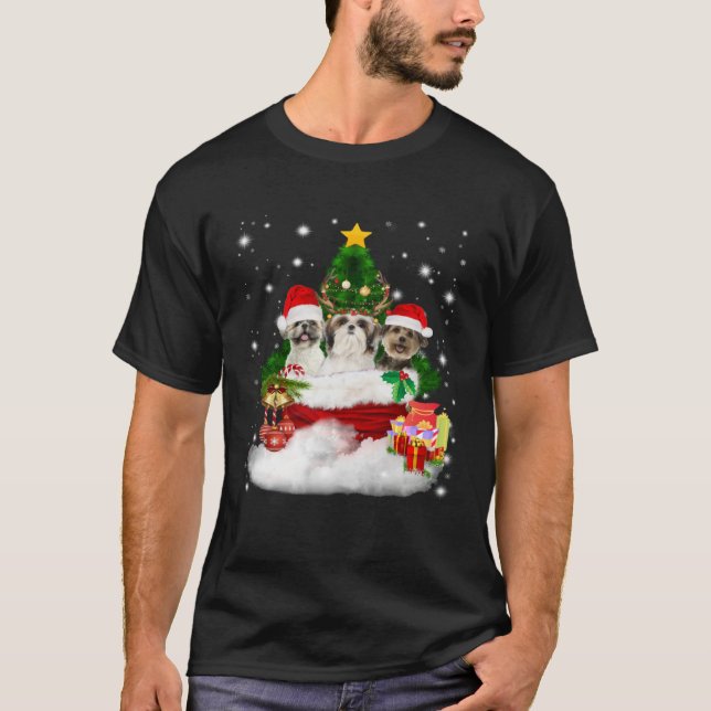 Camiseta Three Shih Tzu In Santa Bag Christmas Costume (Frente)