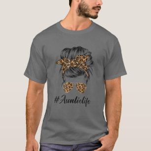 Camiseta Tia Life Messaging Hair Bun Leopard Imprime Mulher