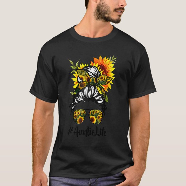 Camiseta Tia Life Messaging Hair Bun Sunflower Mãe (Frente)