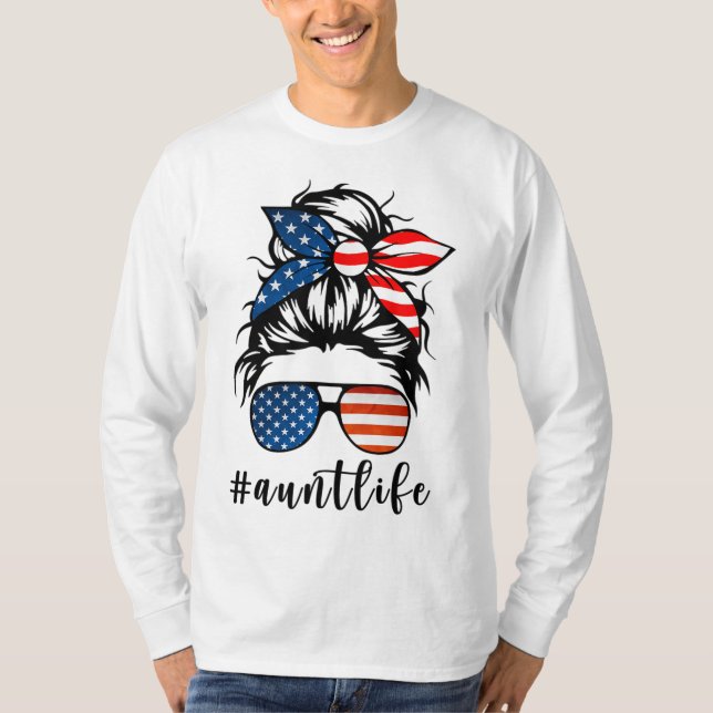 Camiseta Tia Life Messy Bun Hair Bandana Sunglass Americano (Frente)