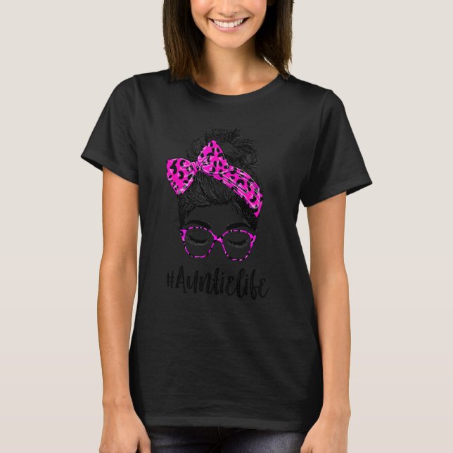Camiseta Tia Life Messy Bun Pink Leopard Imprime Mulheres M (Frente)