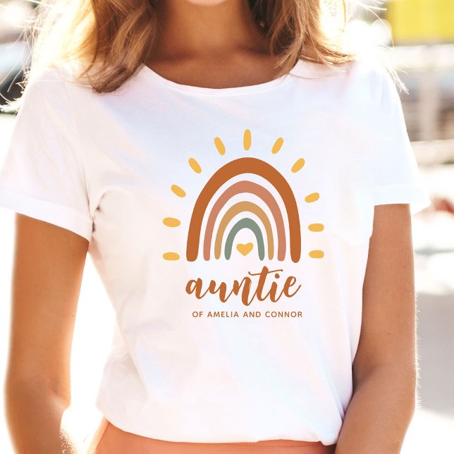 Camiseta Tia Nome Personalizado Boho Earth Tone Rainbow Sun (Criador carregado)