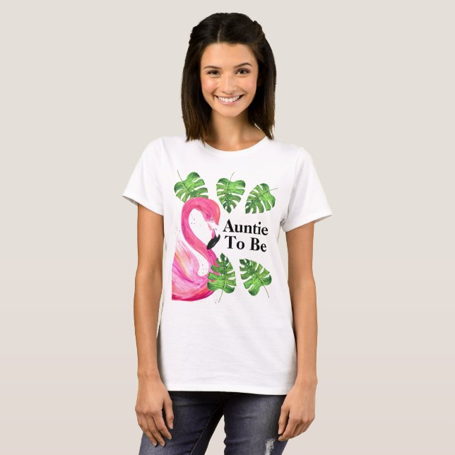 Camiseta Tia Para Ser Festa De Folhas Tropicais Flamingo (Frente Completa)