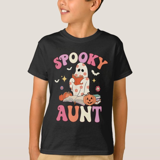 Camiseta Tia Spooky Retro Groovy Floral Ghost Halloween Co (Frente)