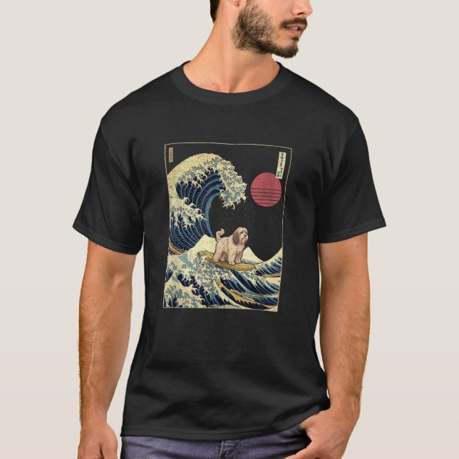 Camiseta Tibetano Terrier Japonês Kanagawa Wave Surf Encant (Frente)