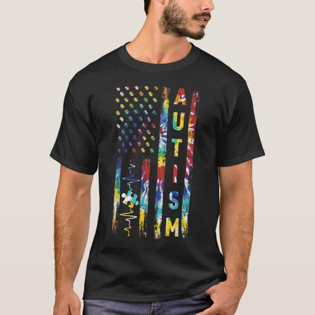 Camiseta Tie Dye American Flag Autism Awarse Support Tea (Frente)