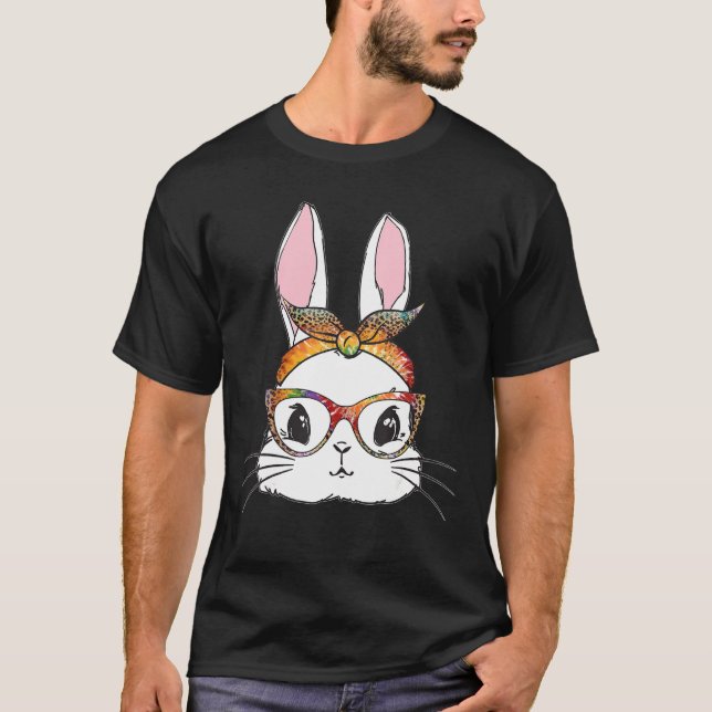 Camiseta Tie Dye Bunny Face Leopardo Óculos Headband Happy (Frente)
