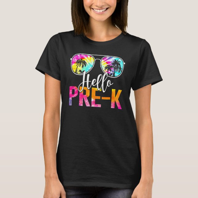 Camiseta Tie Dye Hello Pré K Professor Primeiro Dia da Esco (Frente)