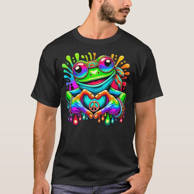 Camiseta Tie-Dye Hippie Frog Peace Sign and Heart Sign (Frente)