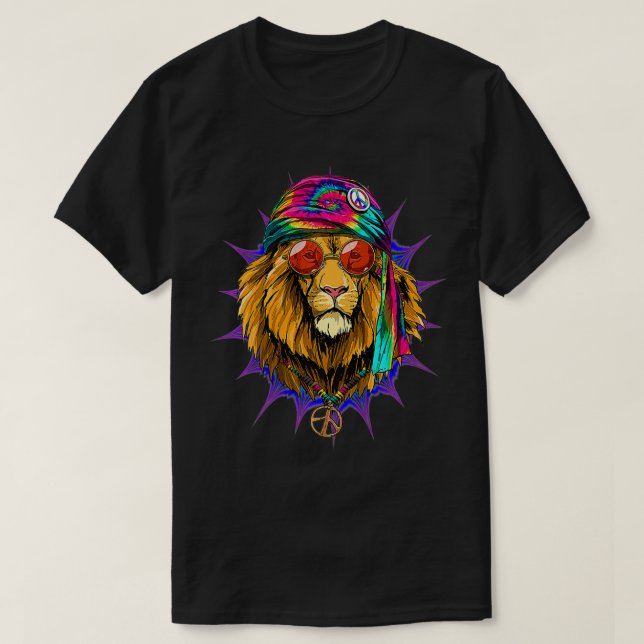 Camiseta Tie Dye Hippie Lion Hippiness Peace Love Lion Prem (Frente do Design)