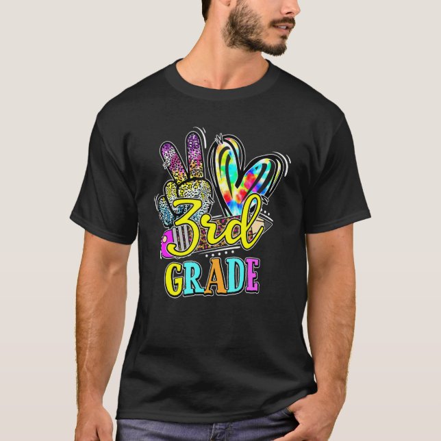 Camiseta Tie Dye Leopard Peace Love 3rd Grade Back To Schoo (Frente)