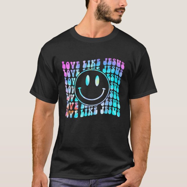 Camiseta Tie Dye Retro Love Like Jesus Happy Face Aesthetic (Frente)