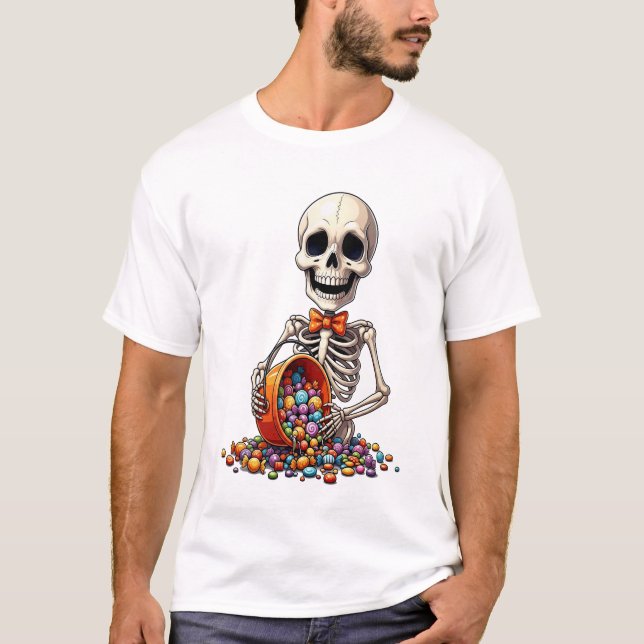 Camiseta Tigela de Doces de Esqueleto Halloween (Frente)