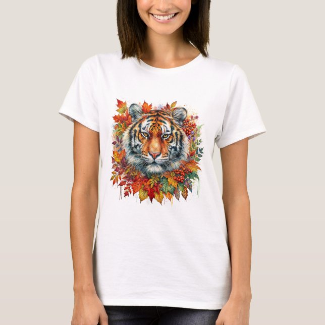 Camiseta Tiger Face Among Fall Leaves (Frente)
