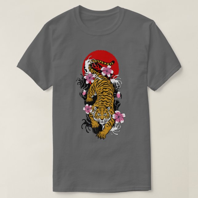 Camiseta Tiger Japonês Flag Cherry Blossom Sakura Para (Frente do Design)