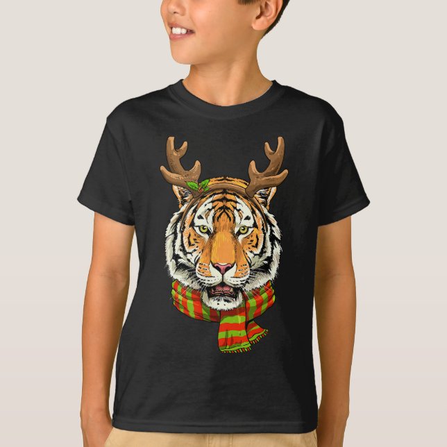 Camiseta Tiger Reindeer Christmas Shirt Animal With Antlers (Frente)