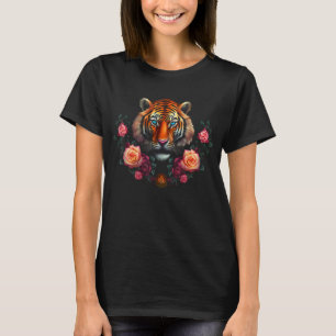 Camiseta Tiger Trabalho de arte Flores Azuis Zoo Tigre Anim