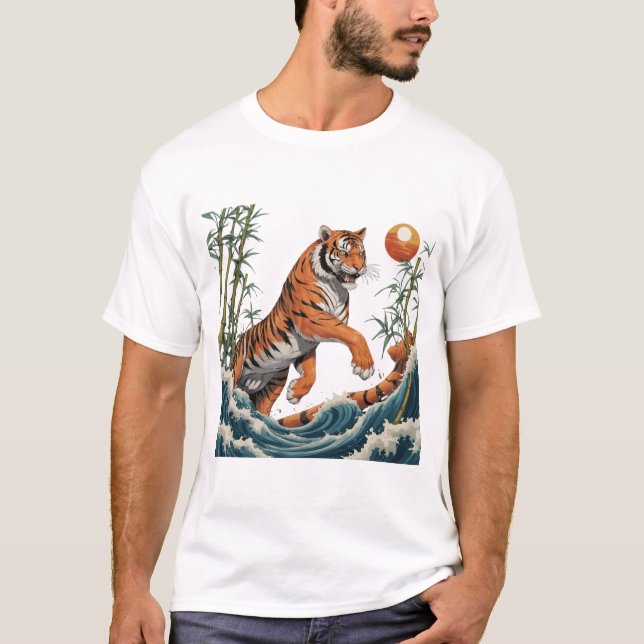 Camiseta Tiger Wave Art - Ukiyo-e Bamboo Sunset Design (Frente)