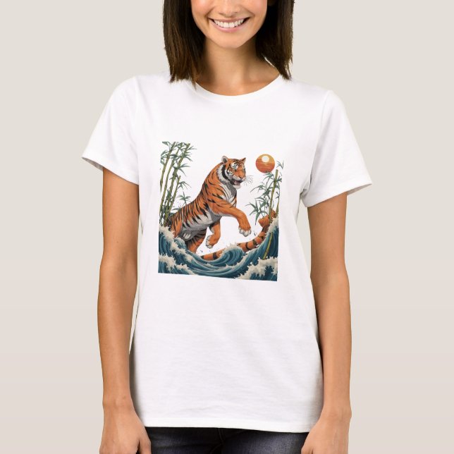 Camiseta Tiger Wave Art - Ukiyo-e Bamboo Sunset Design (Frente)