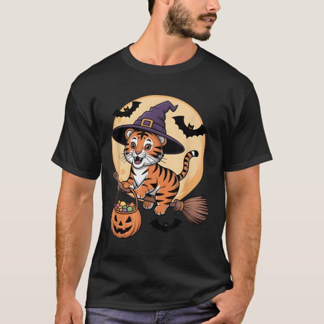 Camiseta Tiger Witch Hat Pumpkin Halloween Homens Mulher (Frente)