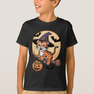 Camiseta Tiger Witch Hat Pumpkin Halloween Homens Mulher