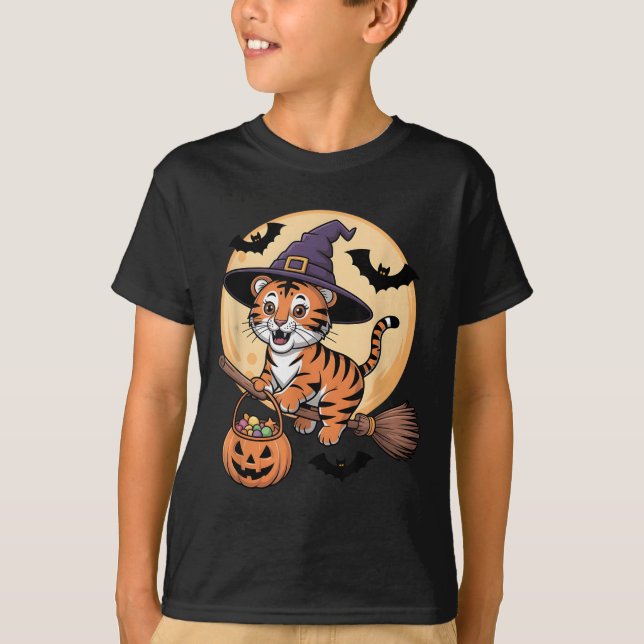 Camiseta Tiger Witch Hat Pumpkin Halloween Homens Mulher (Frente)