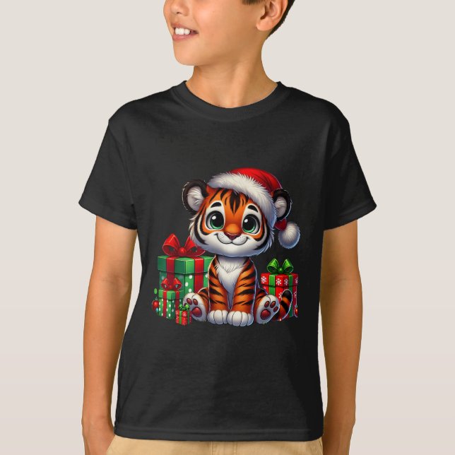 Camiseta Tiger Xmas Lighting Santa Hat Tiger Natal (Frente)