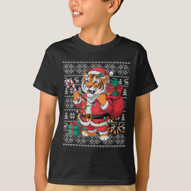 Camiseta Tiger Xmas Sweater Style Ugly Santa Bengal Tiger C (Frente)