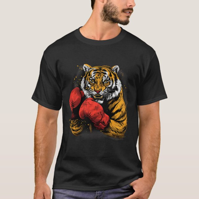 Camiseta Tigre Boxeando Com Luvas de Boxe Kickboxing Engraç (Frente)