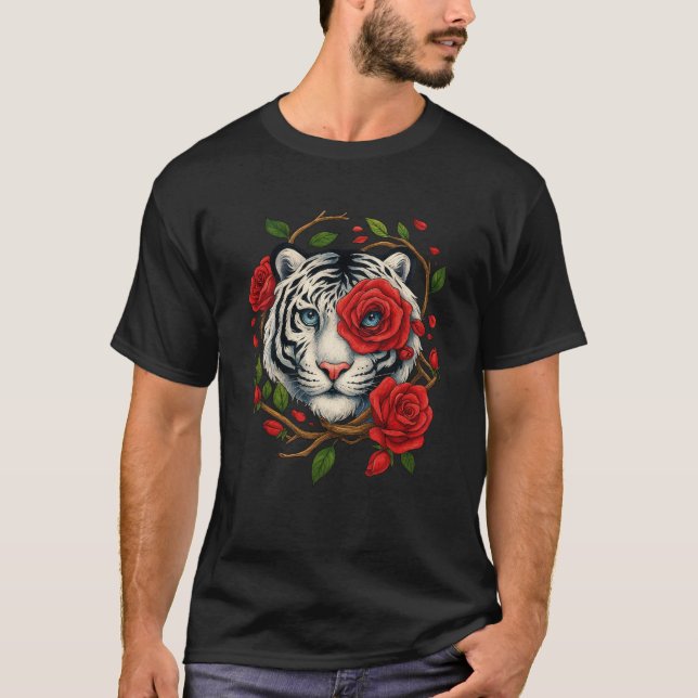 Camiseta Tigre branco com Rosas vermelhas - Floral de vida  (Frente)