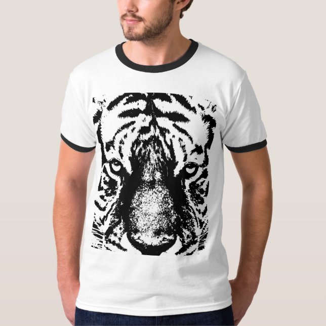 Camiseta Tigre Branco Negro Cara Pop Arte Mens Moderno Ring (Frente)