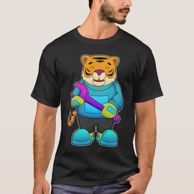 Camiseta Tigre como mecânico com chave inglesa (Frente)