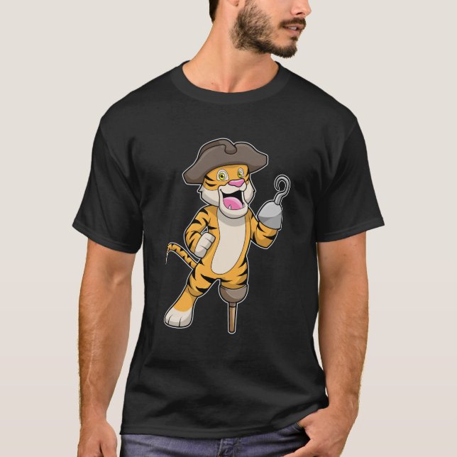 Camiseta Tigre como pirata com perna de madeira e mão vicia (Frente)