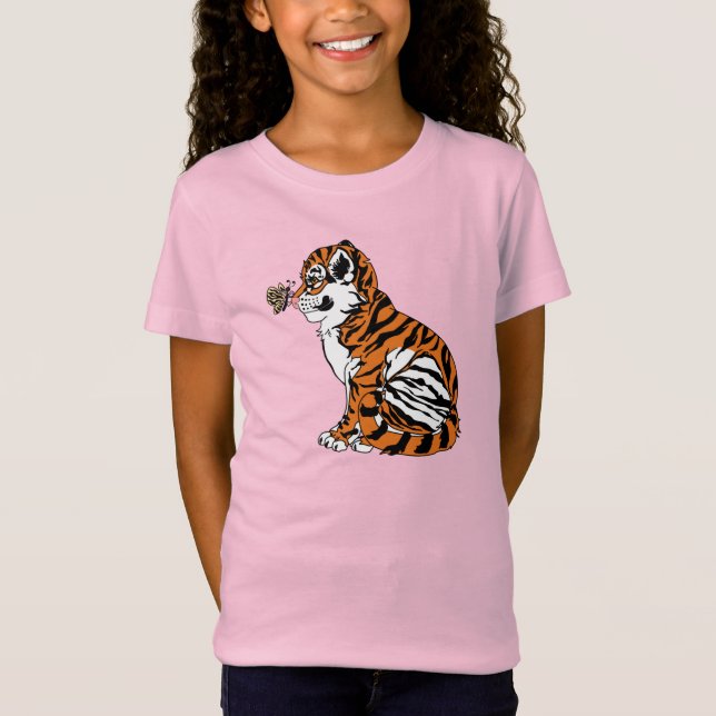 Camiseta Tigre de bebê bonito com borboleta riscada (Frente)