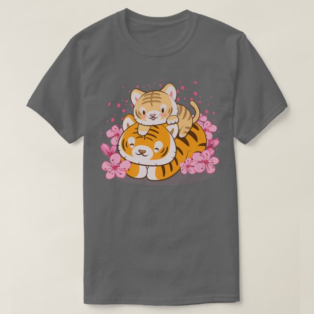 Camiseta Tigre de bebê e mãe Sakura Kawaii rosa (Frente do Design)