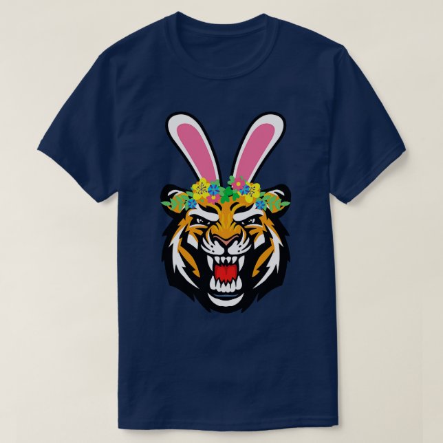 Camiseta Tigre de coelho da Páscoa com flores (Frente do Design)
