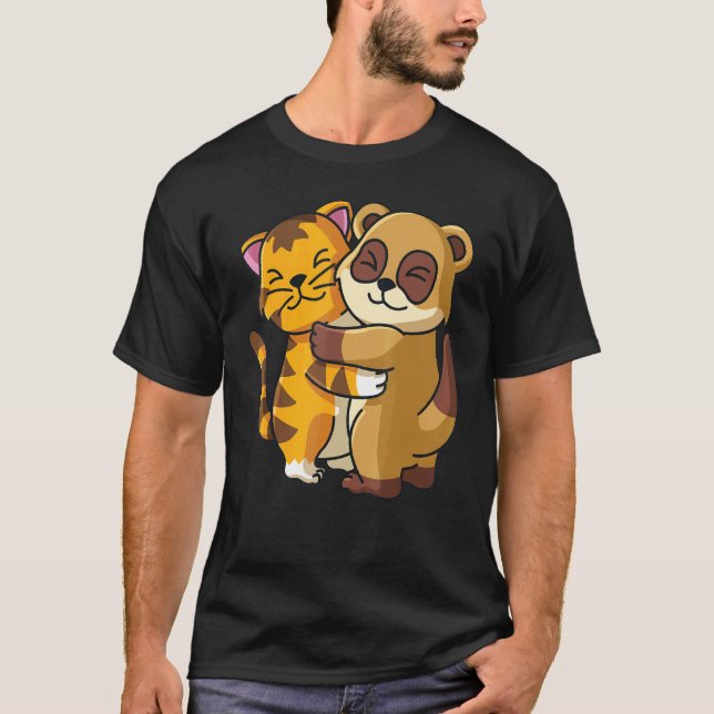 Camiseta Tigre E Meerkat Gatinho Gato-Gato Abraço Animais (Frente)