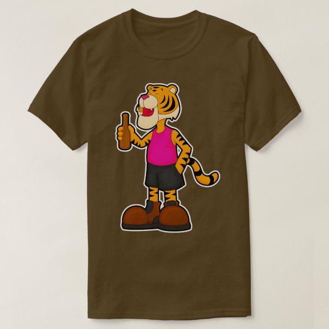 Camiseta Tigre em Cerveja de Bebendo com garrafa de Cerveja (Frente do Design)
