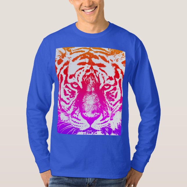 Camiseta Tigre Face Mens Longa Capa Longa Moderna Azul Real (Frente)