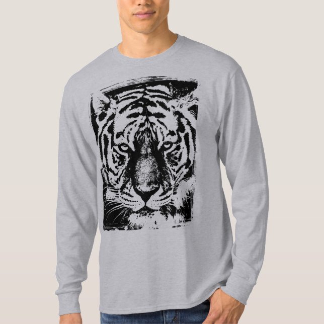 Camiseta Tigre Face Mens Modelo moderna Cinza de capa longa (Frente)