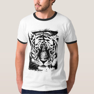 Camiseta Tigre Face Mens Moderno Ringer Básico Branco