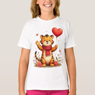 Camiseta Tigre Feliz Segurando um Balão em Forma de Coração