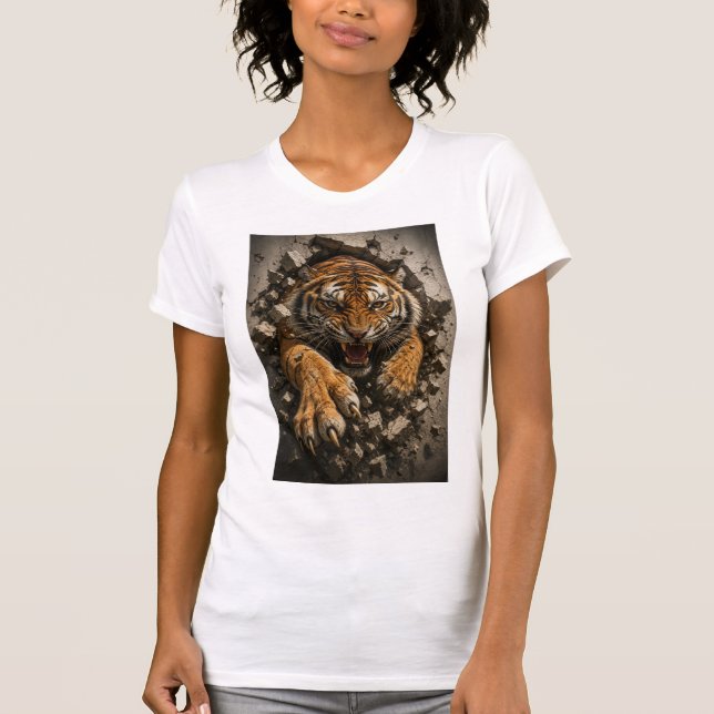 Camiseta Tigre Feroz Irrompendo Parede (Frente)