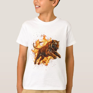 Camiseta Tigre Feroz Saltando Através de Parede de Fogo