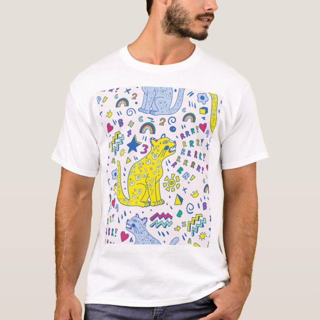 Camiseta Tigre infantil e padrão arco-íris (Frente)